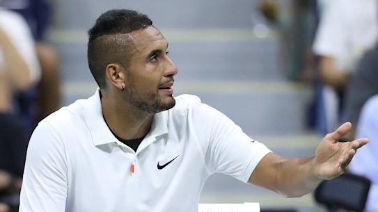 On edge: Nick Kyrgios reacts after losing the first set against Andrey Rublev.