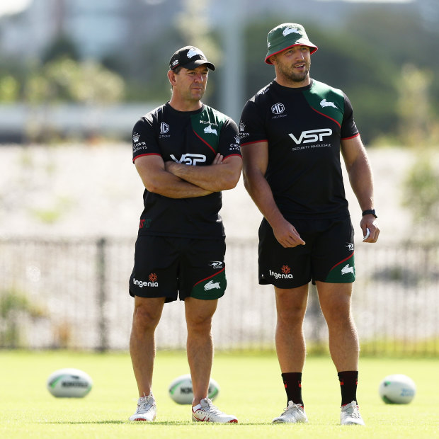 Jason Demetriou and Sam Burgess at training … before it all went wrong last season.