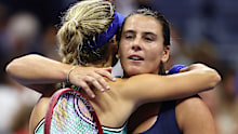 Emma Navarro shares a hug with Anna Kalinskaya after winning their fourth round match.