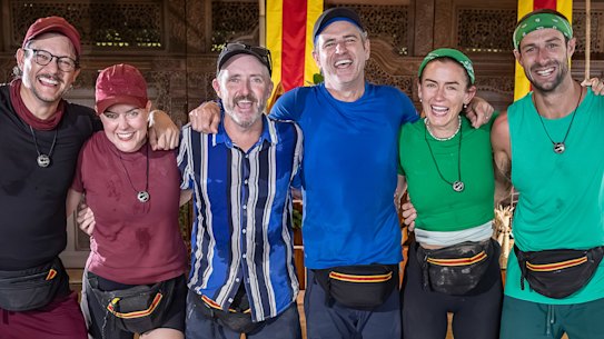 The Amazing Race Australia: Celebrity Edition 2025 final three teams: Rob Mills and Georgie Tunny, Stephen and Bernard Curry, and Aesha Scott and Scott Dobson. 