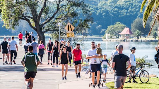 People using the Bay Run in Five Dock on Saturday morning.