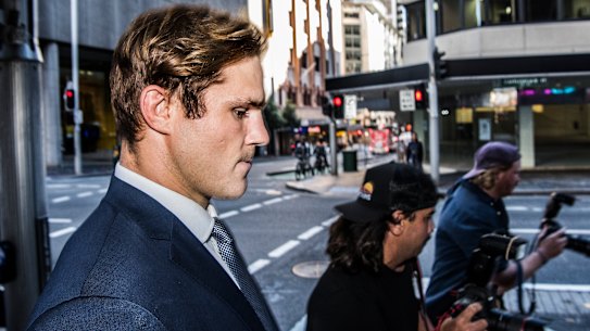 Jack de Belin leaves Downing Centre Court on May 10 after his second trial ended in a hung jury.