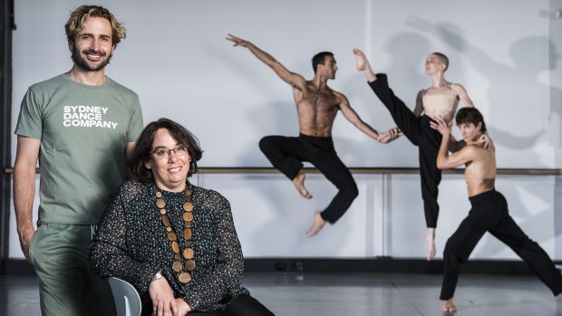 Sydney Dance Company’s executive director Lou Oppenheim with rehearsals director Richard Cilli and dancers Davide di Giovanni, Jesse Scales and Rhys Kosakowski.
