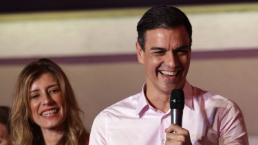 Spanish Prime Minister and Socialist Party candidate Pedro Sanchez speaks to supporters gathered at the party headquarters waiting for results of the general election in Madrid.