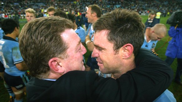 Phil Gould and Brad Fittler during NSW’s Origin series victory in 2004.