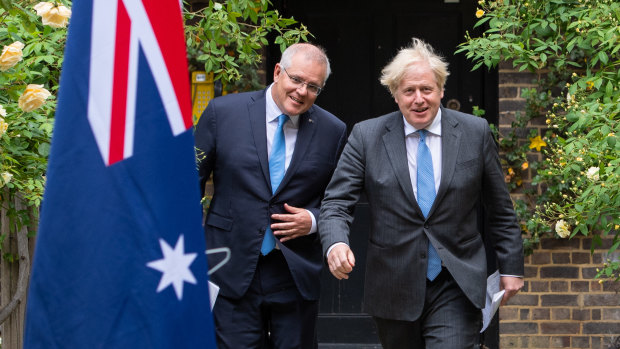 Scott Morrison and Boris Johnson in the garden of 10 Downing Street after striking a trade deal.