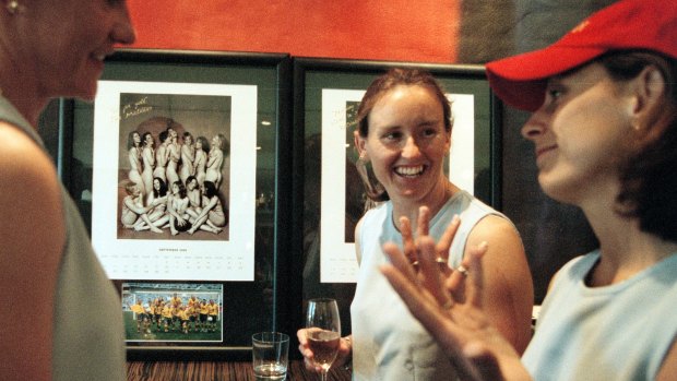 Cheryl Salisbury, Sharon Black and Traci Bartlett at the launch of the Matildas fundraiser calendar taken 20 years ago. 