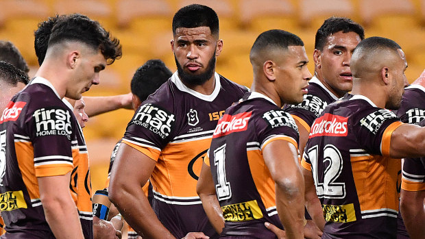 The Broncos behind their tryline after another Roosters four-pointer.