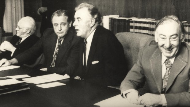 Gough Whitlam, second from right, and part of his cabinet, Clyde Cameron, Jim Cairns and Lionel Murphy, in 1974.