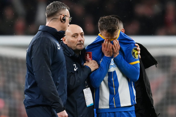 Heartbreak for Brighton’s Solly March after he missed his penalty in the shootout.