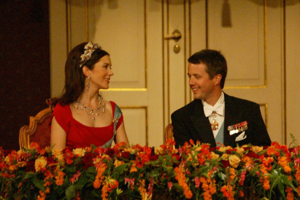 Mary Donaldson and Crown Prince Frederik in the Royal Box at the Gala performance in the Royal Theatre in Copenhagen, Denmark, the night before their wedding in 2004.