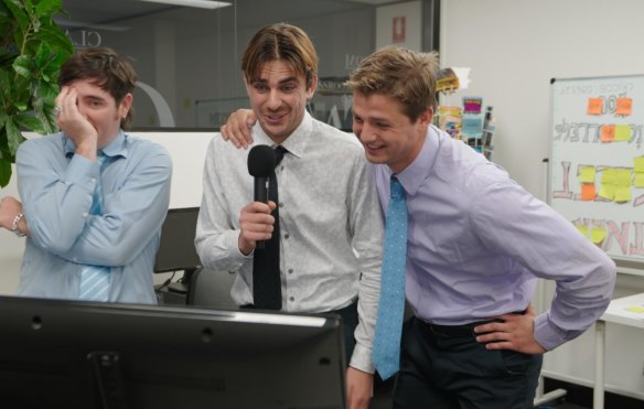 Dom Littrich (left), Matt Ford and Liam Moore issue instructions through a hidden earpiece to Jack Steele as he attempts to prank an unwitting subject.