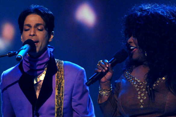 Chaka Khan and Prince performing on stage in Los Angeles.
