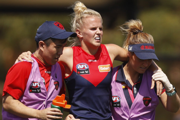 Shae Sloane leaves the ground injured during round one of the 2019 AFLW season. 