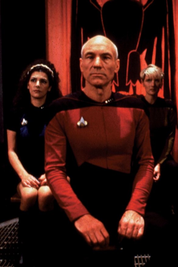 Troi (Marina Sirtis), Picard (Patrick Stewart) and Yar (Denise Crosby) in the 1987 pilot to Star Trek: The Next Generation, Encounter at Farpoint.