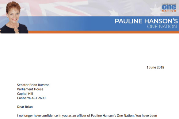 One Nation leader Pauline Hanson has written to Brian Burston, asking him to vacate his Senate seat. 