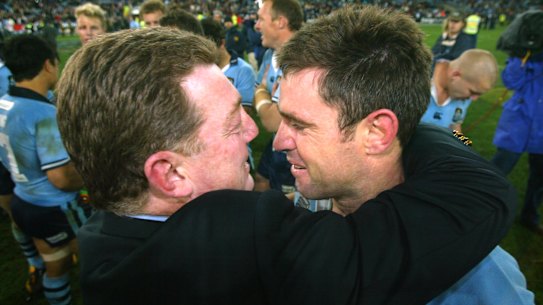 Phil Gould and Brad Fittler during NSW’s Origin series victory in 2004.