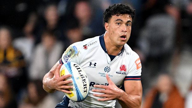 DUNEDIN, NEW ZEALAND - MAY 09: Joseph-Aukuso Suaalii of the NSW Waratahs charges forward during the round 13 Super Rugby match between Highlanders and NSW Waratahs at Forsyth Barr Stadium, on May 09, 2026, in Dunedin, New Zealand. (Photo by Joe Allison/Getty Images)