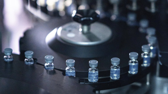 Vials of the Pfizer’s updated COVID-19 vaccine during production in Kalamazoo, Michigan.