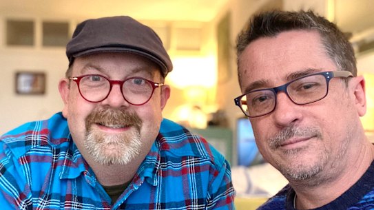 Australian couple Andy Prior, left, and Peter O'Shea are locked down in rental accommodation with their dog Lenny, near their new to-be house in the French countryside. 