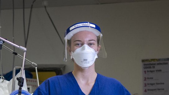 ICU nurse Tayla Christofakakis, at Austin Hospital in Heidelberg on September 15. Victorian government modelling suggests a substantial risk ICU capacity could be exceeded soon.