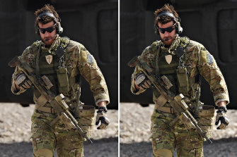 The original photo (left) of Ben Roberts-Smith displaying a Crusader’s cross on his uniform while on duty in Afghanistan. The evidence was later edited out (right) in the official photo released by Defence.