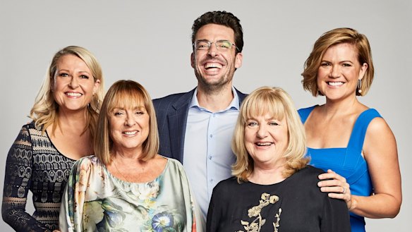Joe Hildebrand in 2018 with then Studio 10 co-hosts Angela Bishop, Denise Drysdale, Denise Scott and Sarah Harris.