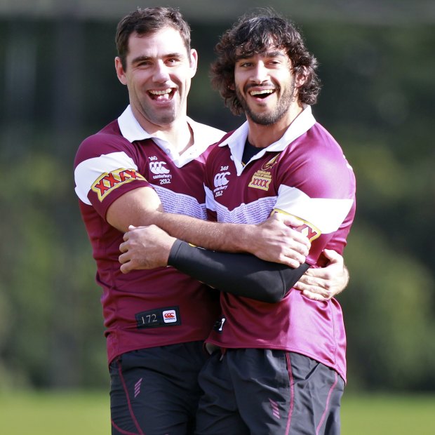 Cameron Smith and Johnathan Thurston during Maroons training back in 2012.