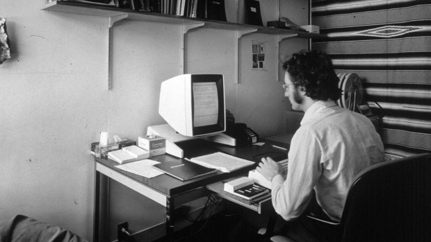 In this 1970s photo provided by Xerox PARC, Larry Tesler uses the Xerox Parc Alto early personal computer system. 