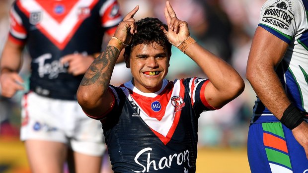 Latrell Mitchell after scoring against the Warriors.