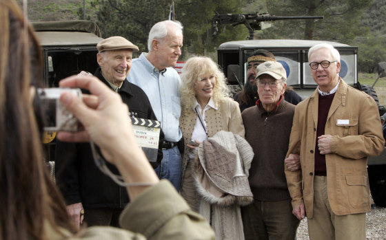 From left: Charles Dubin, director of the most episodes, Mike Farrell who played Cpt. BJ Hunnicut, Loretta Swit who played Major Margaret "Hotlips" Houlihan, Gene Reynolds, one of the directors and Bill Christopher who played Father Mulcahay, before heading up to the location where MASH was shot at Malibu Creek State Park. 