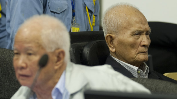 Khieu Samphan, left, and  Nuon Chea at their trial in 2013.