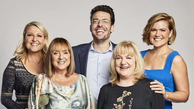 Joe Hildebrand in 2018 with then Studio 10 co-hosts Angela Bishop, Denise Drysdale, Denise Scott and Sarah Harris.