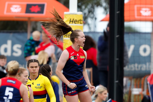 Melbourne’s Eden Zanker of the Demons celebrates one of her five goals.