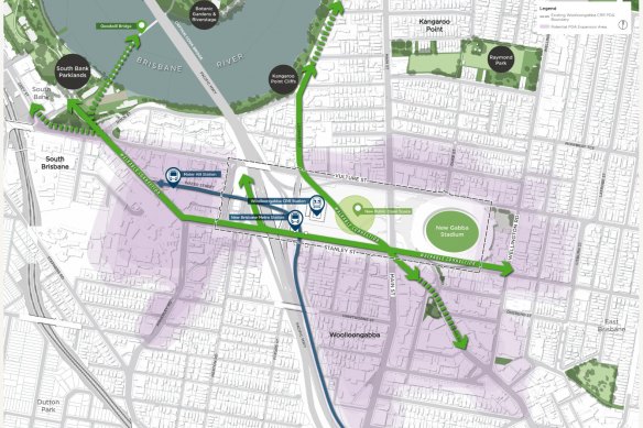 The pink areas show the larger Woolloongabba Priority Development Area. The green areas show pedestrian links. It also shows a new green space between the new Gabba train station and the sports ground.