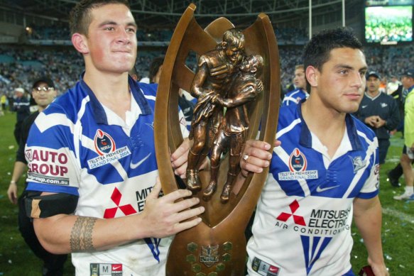 Sonny Bill Williams and Reni Maitiua with the Summons Provan trophy after winning the premiership in 2004.
