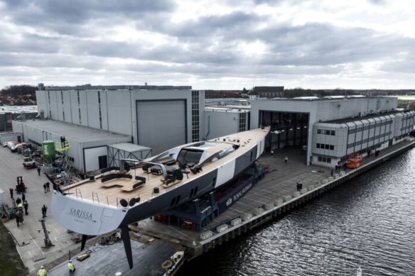 Making a splash: Sarissa emerges from the shipyards in the Netherlands in February.