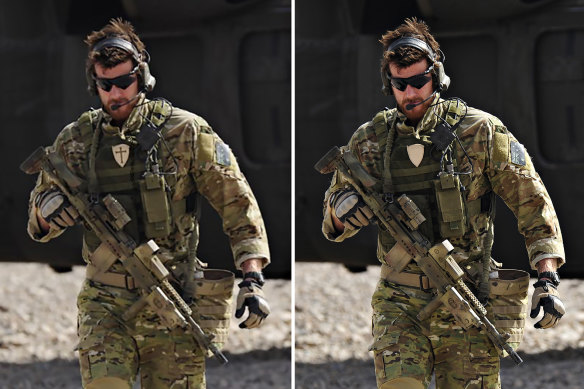 The original photo (left) of Ben Roberts-Smith displaying a Crusader’s cross on his uniform while on duty in Afghanistan. The evidence was later edited out (right) in the official photo released by Defence.