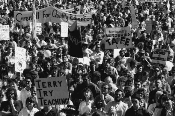 Striking teachers rally in Sydney in 1988. Today’s teachers would need a 15 per cent pay rise to restore them to their wage status three decades ago alongside comparable professions.