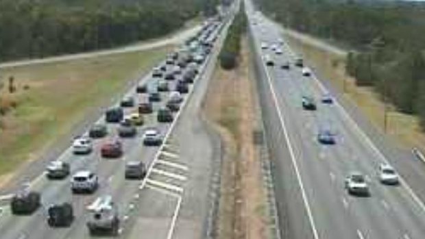 Northbound traffic on the Bruce Highway through Burpengary at 1pm on Saturday.