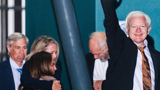 Julian Assange arrives at Canberra airport on June 26 after he agreed a plea deal with US prosecutors that saw him released. He pleaded guilty in the District Court for the Northern Mariana Islands to a charge of conspiring to obtain and disclose classified US national defence documents under the Espionage Act.