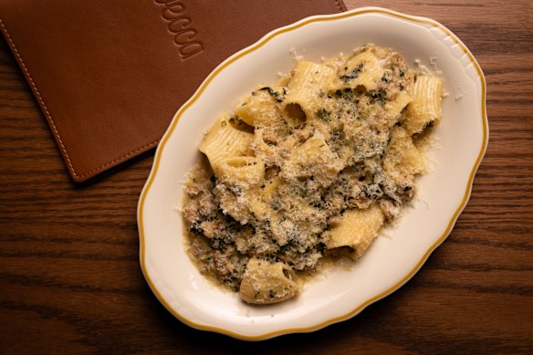 Paccheri with sausage, porcini and cavolo nero ragu.