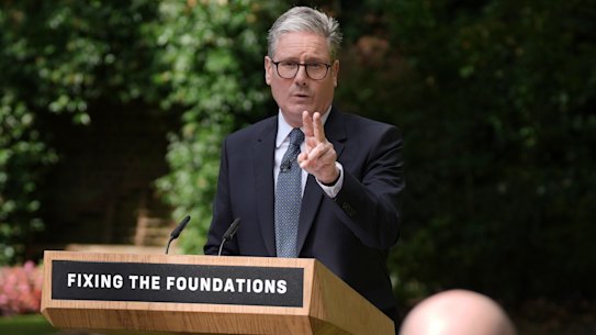 British Prime Minister Keir Starmer gestures, during a press conference in the Rose Garden at 10 Downing Street, London, on Tuesday.
