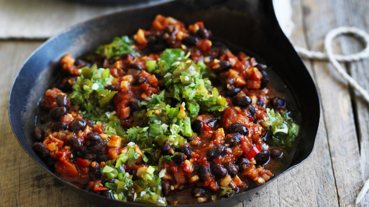 Neil Perry's chilli black beans with jalapeno salsa recipe