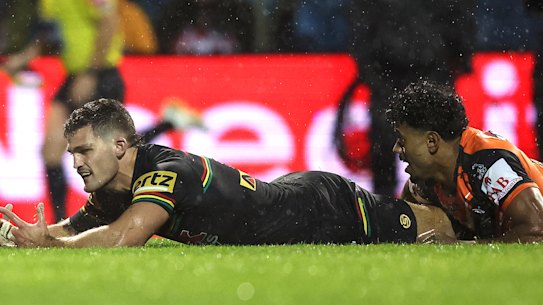 Nathan Cleary spills the ball after Jahream Bula’s try-saving tackle on Saturday night.