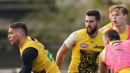 Dion Prestia runs with the ball during an AFL Richmond Tigers training session at Punt Road Oval in Melbourne, Thursday, May 28.