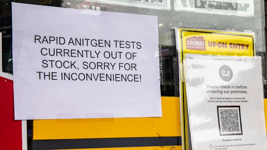 A sign on Chemist Warehouse Double Bay, Sydney, informs customers that they have no rapid antigen tests left. 