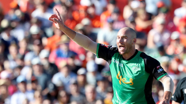 John Hastings celebrates a wicket with the Melbourne Stars.