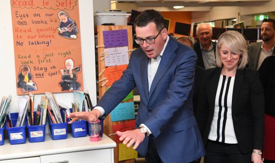 Victorian Premier Daniel Andrews and his wife Catherine at Cranbourne West Primary School .
