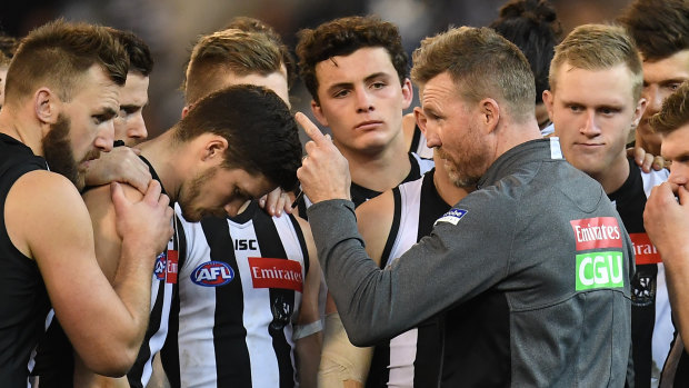 Point to prove: Nathan Buckley addresses players during a break during the round 14 win over Carlton at the MCG.